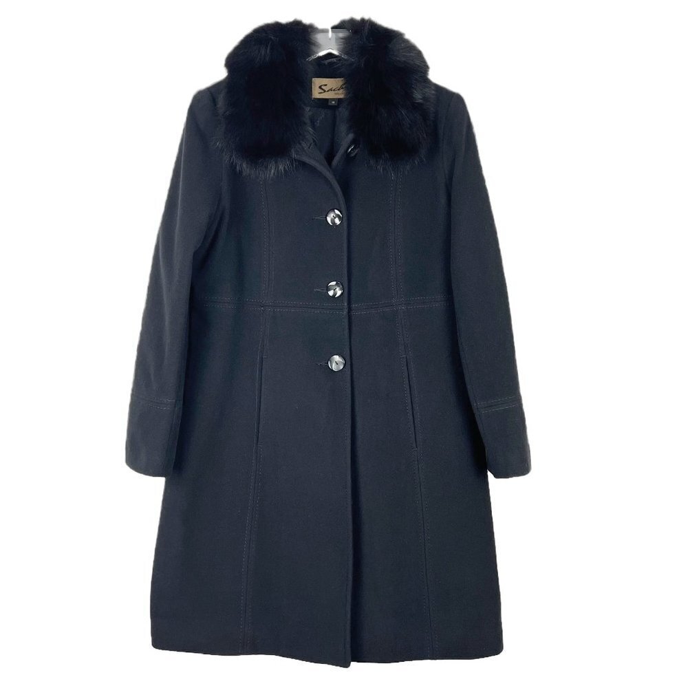 Sachi Collection Coat Womens 14 Black Virgin Wool Cashmere Fox Trimmed Topcoat